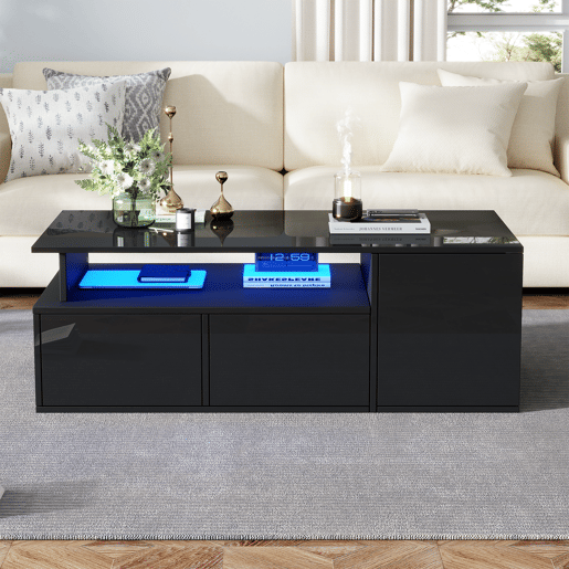 Mesa de centro 100x50x35 cm - Mesa de sala com LED, 2 gavetas, capacidade para 60 kg - Preta