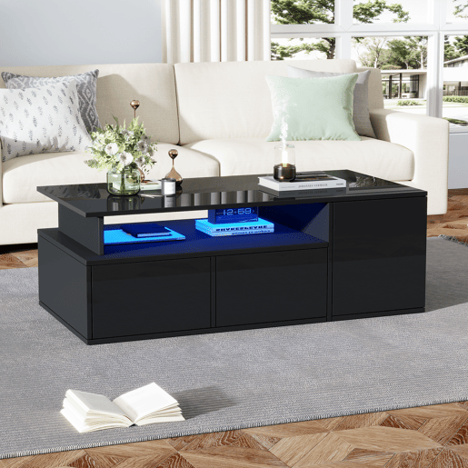 Mesa de centro 100x50x35 cm - Mesa de sala com LED, 2 gavetas, capacidade para 60 kg - Preta