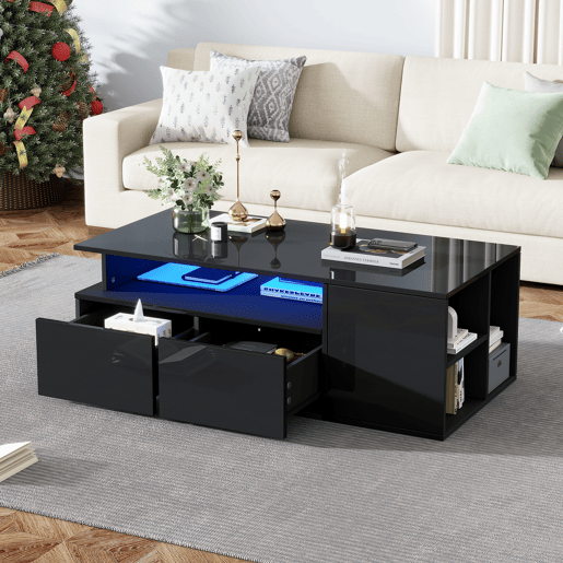 Mesa de centro 100x50x35 cm - Mesa de sala com LED, 2 gavetas, capacidade para 60 kg - Preta