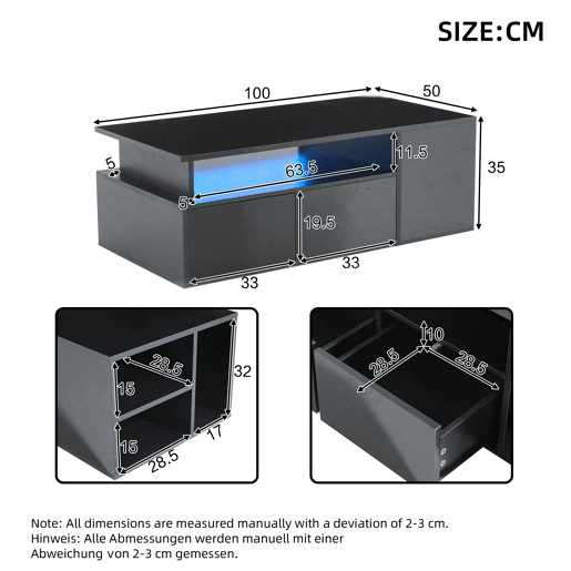 Mesa de centro 100x50x35 cm - Mesa de sala com LED, 2 gavetas, capacidade para 60 kg - Preta