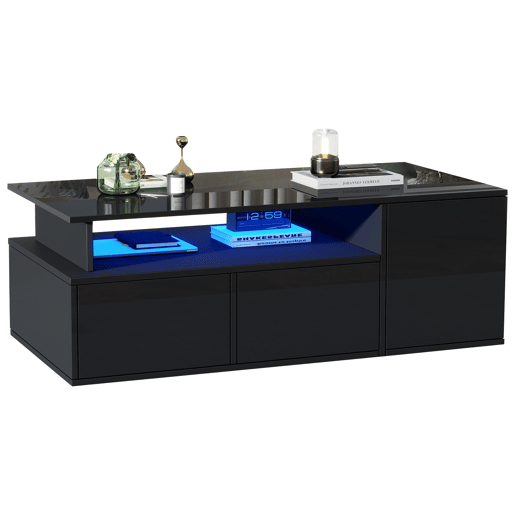Mesa de centro 100x50x35 cm - Mesa de sala com LED, 2 gavetas, capacidade para 60 kg - Preta