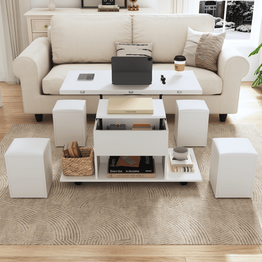 Mesa de centro multifuncional elevável - 2 mesas extensíveis, grande capacidade, moderna, para sala de estar, escritório, sala de jantar, mesa de lazer - Branco + Branco