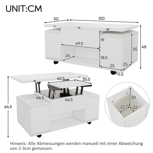 Mesa de centro multifuncional elevável - 2 mesas extensíveis, grande capacidade, moderna, para sala de estar, escritório, sala de jantar, mesa de lazer - Branco + Branco