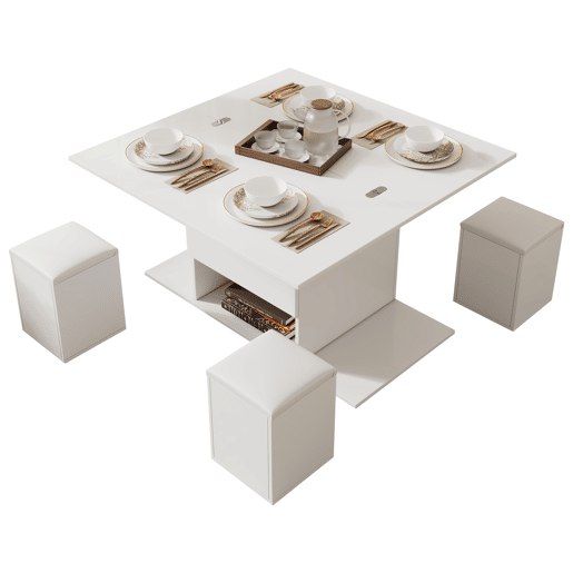 Mesa de centro multifuncional elevável - 2 mesas extensíveis, grande capacidade, moderna, para sala de estar, escritório, sala de jantar, mesa de lazer - Branco + Branco
