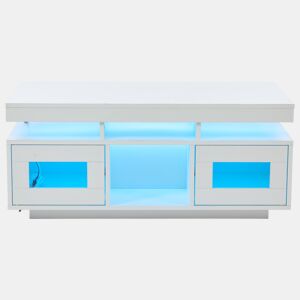 Mesa de centro 100x50x43 cm - com luzes LED controláveis por app, mesa de sala com armário, mesa de sofá com porta de carregamento e tomada elétrica - branca
