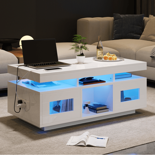 Mesa de centro 100x50x43 cm - com luzes LED controláveis por app, mesa de sala com armário, mesa de sofá com porta de carregamento e tomada elétrica - branca Mesa de centro 100x50x43 cm - com luzes LED controláveis por app, mesa de sala com armário, mesa de sofá com porta de carregamento e tomada elétrica - branca