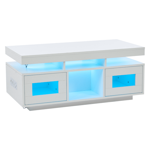Mesa de centro 100x50x43 cm - com luzes LED controláveis por app, mesa de sala com armário, mesa de sofá com porta de carregamento e tomada elétrica - branca Mesa de centro 100x50x43 cm - com luzes LED controláveis por app, mesa de sala com armário, mesa de sofá com porta de carregamento e tomada elétrica - branca
