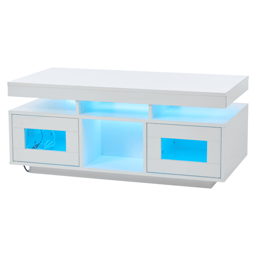 Mesa de centro 100x50x43 cm - com luzes LED controláveis por app, mesa de sala com armário, mesa de sofá com porta de carregamento e tomada elétrica - branca Mesa de centro 100x50x43 cm - com luzes LED controláveis por app, mesa de sala com armário, mesa de sofá com porta de carregamento e tomada elétrica - branca