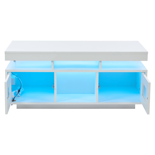 Mesa de centro 100x50x43 cm - com luzes LED controláveis por app, mesa de sala com armário, mesa de sofá com porta de carregamento e tomada elétrica - branca Mesa de centro 100x50x43 cm - com luzes LED controláveis por app, mesa de sala com armário, mesa de sofá com porta de carregamento e tomada elétrica - branca