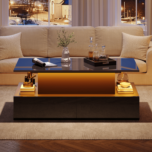 Mesa de sala moderna 90x55x41 cm - Mesa auxiliar com 4 gavetas e iluminação LED - Preta