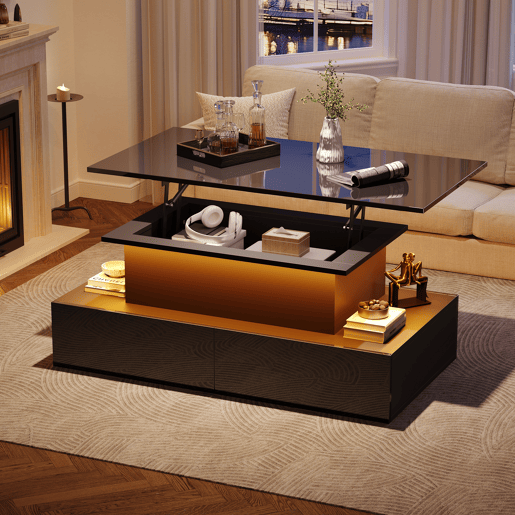 Mesa de sala moderna 90x55x41 cm - Mesa auxiliar com 4 gavetas e iluminação LED - Preta