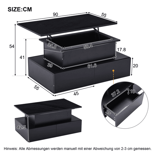 Mesa de sala moderna 90x55x41 cm - Mesa auxiliar com 4 gavetas e iluminação LED - Preta
