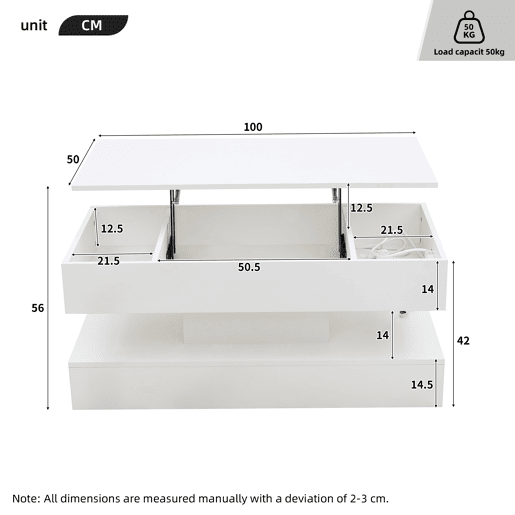 Mesa de centro 100x50x42 cm - Com iluminação LED e arrumação oculta - Branco