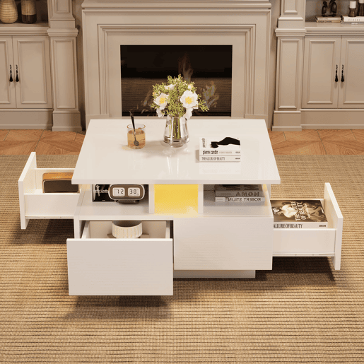 Mesa de centro 70x70x40 cm - Te Tisch de alto brilho, com luzes LED, mesa de sala com 4 gavetas, design geométrico - Branco