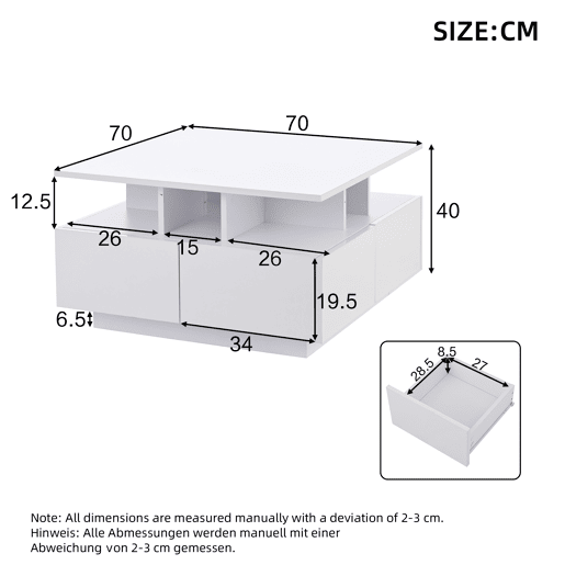 Mesa de centro 70x70x40 cm - Te Tisch de alto brilho, com luzes LED, mesa de sala com 4 gavetas, design geométrico - Branco