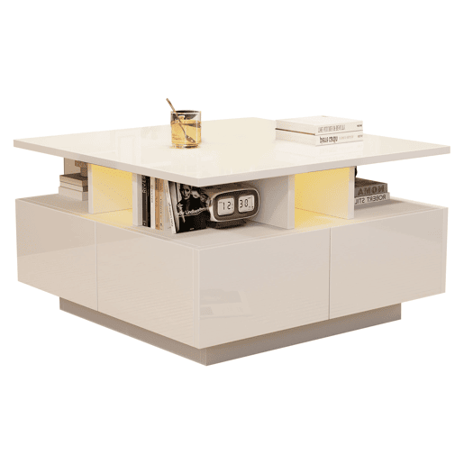 Mesa de centro 70x70x40 cm - Te Tisch de alto brilho, com luzes LED, mesa de sala com 4 gavetas, design geométrico - Branco