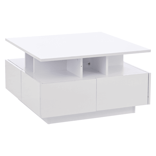 Mesa de centro 70x70x40 cm - Te Tisch de alto brilho, com luzes LED, mesa de sala com 4 gavetas, design geométrico - Branco