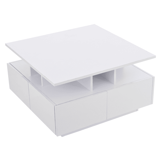 Mesa de centro 70x70x40 cm - Te Tisch de alto brilho, com luzes LED, mesa de sala com 4 gavetas, design geométrico - Branco