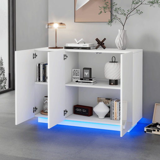 Aparador 120x40x75 cm - Aberto e fechado, com luz LED na base - Branco