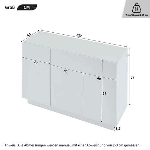 Aparador 120x40x75 cm - Aberto e fechado, com luz LED na base - Branco
