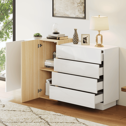 Aparador branco alto brilho - Armário moderno para sala de jantar com arrumação - Cor madeira