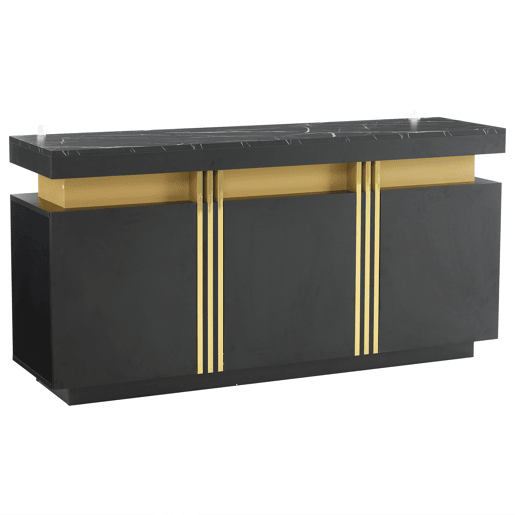 Móvel auxiliar 140x38x70 cm - 3 portas, divisórias ajustáveis, para cozinha, sala, sala de jantar, corredor - Preto e dourado