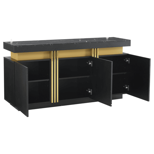 Móvel auxiliar 140x38x70 cm - 3 portas, divisórias ajustáveis, para cozinha, sala, sala de jantar, corredor - Preto e dourado