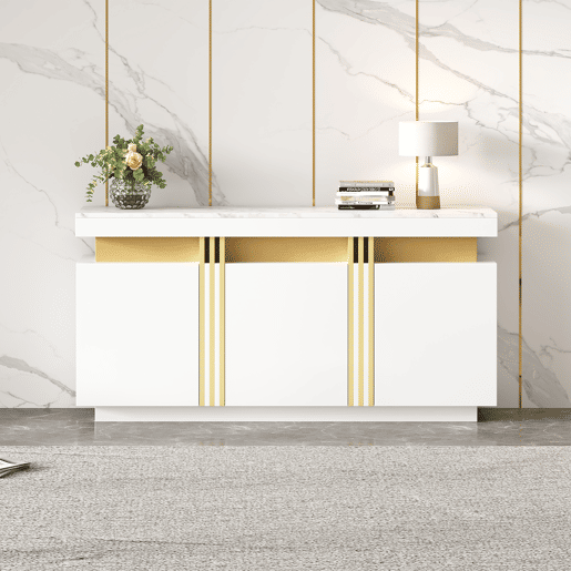 Móvel auxiliar 140x38x70 cm - 3 portas, com compartimentos ajustáveis e costuras platina - Branco