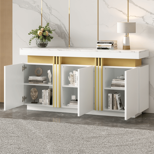 Móvel auxiliar 140x38x70 cm - 3 portas, com compartimentos ajustáveis e costuras platina - Branco