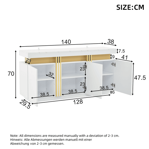 Móvel auxiliar 140x38x70 cm - 3 portas, com compartimentos ajustáveis e costuras platina - Branco