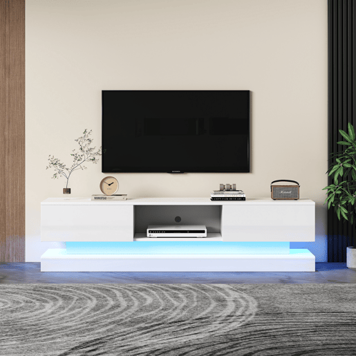 Móvel de TV 160x35x40,5 cm - Branco alto brilho, com LED, 2 gavetas, controlo por aplicação, design anti-capotamento - Branco