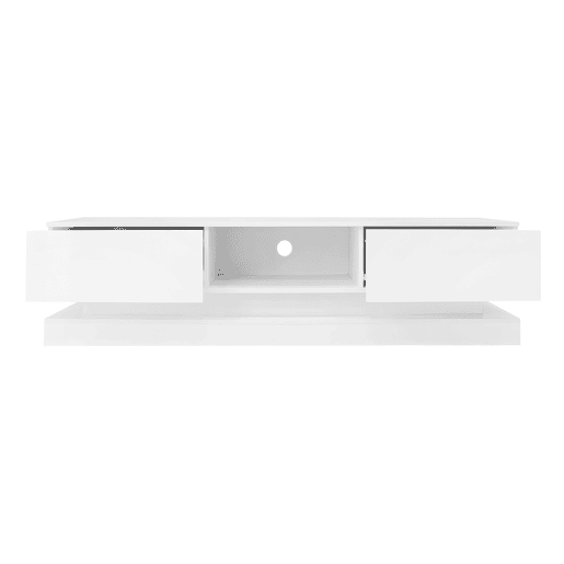 Móvel de TV 160x35x40,5 cm - Branco alto brilho, com LED, 2 gavetas, controlo por aplicação, design anti-capotamento - Branco