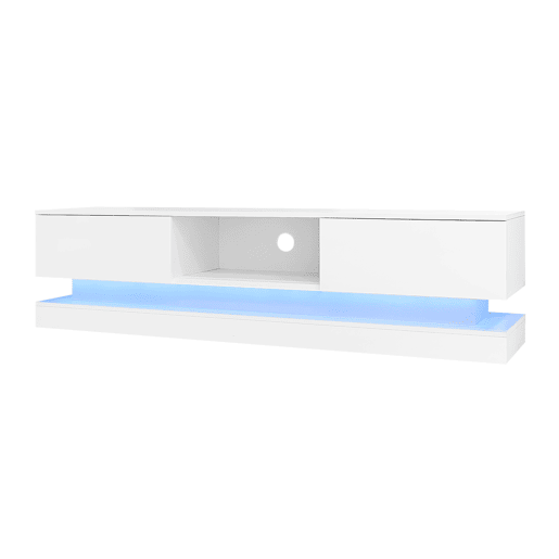 Móvel de TV 160x35x40,5 cm - Branco alto brilho, com LED, 2 gavetas, controlo por aplicação, design anti-capotamento - Branco