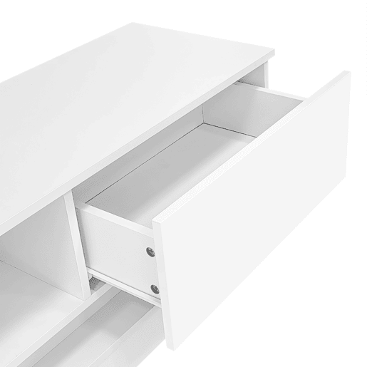 Móvel de TV 160x35x40,5 cm - Branco alto brilho, com LED, 2 gavetas, controlo por aplicação, design anti-capotamento - Branco