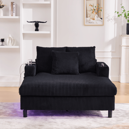 Poltrona chaise longue grande - com porta-copos laterais, portas USB, iluminação LED ambiente - Preto