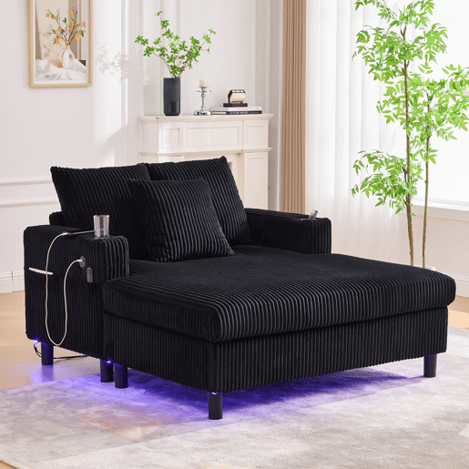 Poltrona chaise longue grande - com porta-copos laterais, portas USB, iluminação LED ambiente - Preto