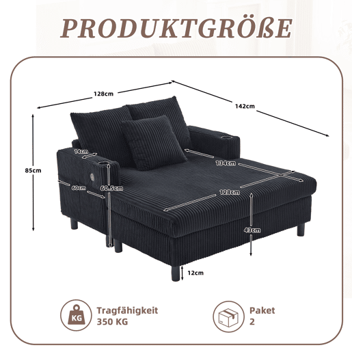 Poltrona chaise longue grande - com porta-copos laterais, portas USB, iluminação LED ambiente - Preto