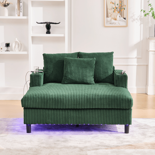 Poltrona chaise longue grande - Com apoio para bebidas, portas USB, iluminação LED ambiente - Verde