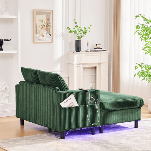 Poltrona chaise longue grande - Com apoio para bebidas, portas USB, iluminação LED ambiente - Verde