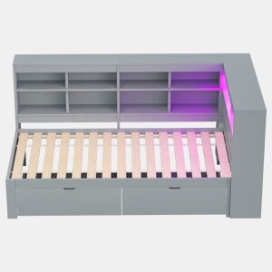 Sofá-cama 90x200 - Com compartimentos, cama com USB e tomada com faixa LED, com prateleiras e arrumação, multifuncional, cinzento