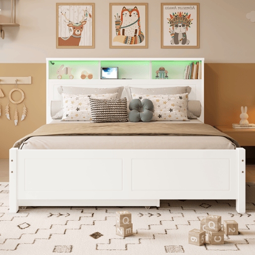 Cama de casal 120x200&90x190cm - Cama plana, cama familiar, com fitas de luz ambiente, porta de carregamento integrada, cama extraível, arrumação na cabeceira - Branco Cama de casal 120x200&90x190cm - Cama plana, cama familiar, com fitas de luz ambiente, porta de carregamento integrada, cama extraível, arrumação na cabeceira - Branco