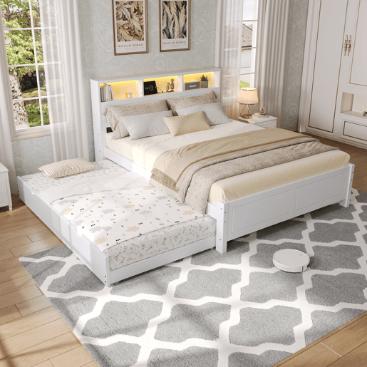 Cama de casal 120x200&90x190cm - Cama plana, cama familiar, com fitas de luz ambiente, porta de carregamento integrada, cama extraível, arrumação na cabeceira - Branco Cama de casal 120x200&90x190cm - Cama plana, cama familiar, com fitas de luz ambiente, porta de carregamento integrada, cama extraível, arrumação na cabeceira - Branco