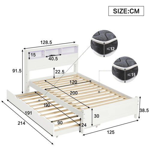 Cama de casal 120x200&90x190cm - Cama plana, cama familiar, com fitas de luz ambiente, porta de carregamento integrada, cama extraível, arrumação na cabeceira - Branco Cama de casal 120x200&90x190cm - Cama plana, cama familiar, com fitas de luz ambiente, porta de carregamento integrada, cama extraível, arrumação na cabeceira - Branco