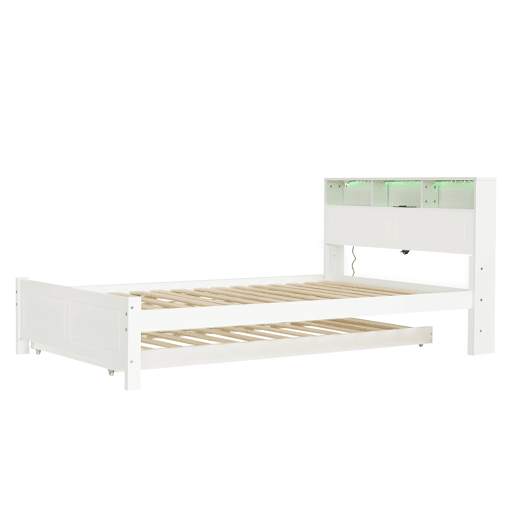 Cama de casal 120x200&90x190cm - Cama plana, cama familiar, com fitas de luz ambiente, porta de carregamento integrada, cama extraível, arrumação na cabeceira - Branco Cama de casal 120x200&90x190cm - Cama plana, cama familiar, com fitas de luz ambiente, porta de carregamento integrada, cama extraível, arrumação na cabeceira - Branco