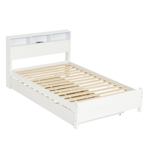 Cama de casal 120x200&90x190cm - Cama plana, cama familiar, com fitas de luz ambiente, porta de carregamento integrada, cama extraível, arrumação na cabeceira - Branco Cama de casal 120x200&90x190cm - Cama plana, cama familiar, com fitas de luz ambiente, porta de carregamento integrada, cama extraível, arrumação na cabeceira - Branco
