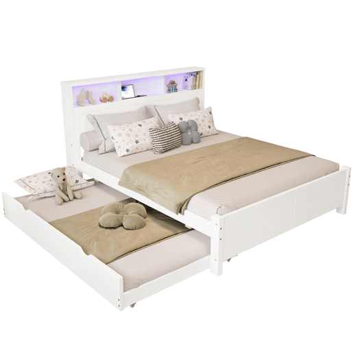 Cama de casal 120x200&90x190cm - Cama plana, cama familiar, com fitas de luz ambiente, porta de carregamento integrada, cama extraível, arrumação na cabeceira - Branco Cama de casal 120x200&90x190cm - Cama plana, cama familiar, com fitas de luz ambiente, porta de carregamento integrada, cama extraível, arrumação na cabeceira - Branco