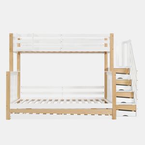 Beliche + cama extra 90x200&120x200 - com proteção anti-queda, grade, três posições de cama, escada de canto, design especial da porta - Branco+Natural