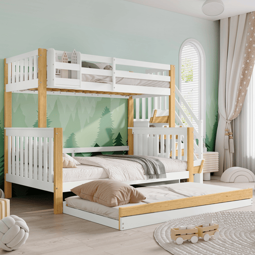 Beliche + cama extra 90x200&120x200 - com proteção anti-queda, grade, três posições de cama, escada de canto, design especial da porta - Branco+Natural