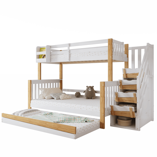 Beliche + cama extra 90x200&120x200 - com proteção anti-queda, grade, três posições de cama, escada de canto, design especial da porta - Branco+Natural