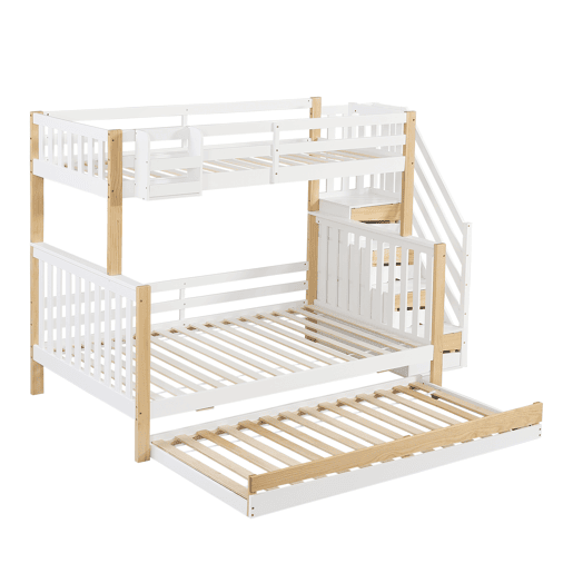 Beliche + cama extra 90x200&120x200 - com proteção anti-queda, grade, três posições de cama, escada de canto, design especial da porta - Branco+Natural